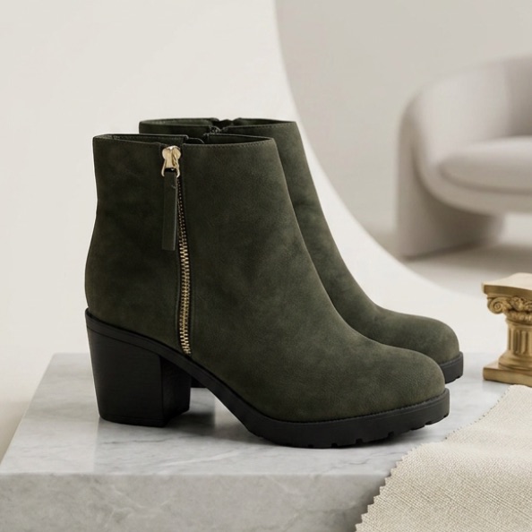 River Island Boots Size 9/39 Dark Green /Grey Suede Block Heel